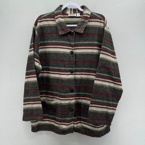 Vintage 1990s Chicos Design Burgundy Gray Stripe Button Front Artsy Chore Jacket - Picture 1 of 6